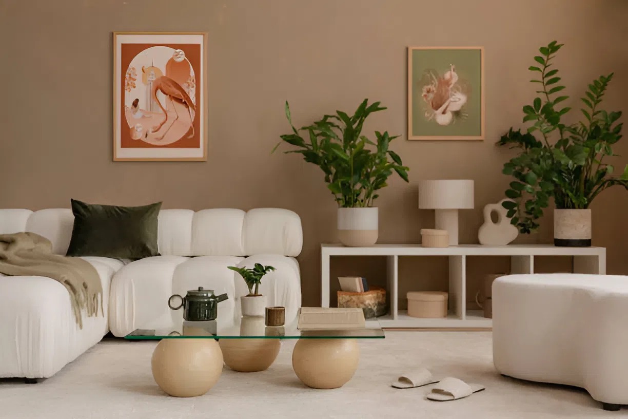 Modern living room with earthy beige walls painted by a professional painter in Grover Beach, CA
