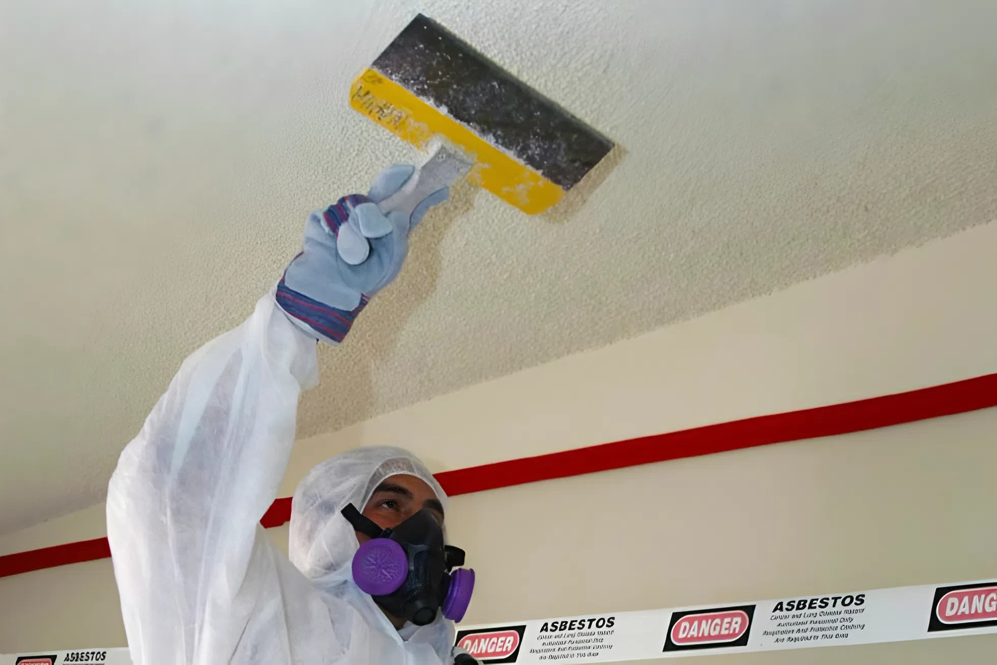A professional painter in San Luis Obispo County, CA, wearing protective gear while removing popcorn ceiling