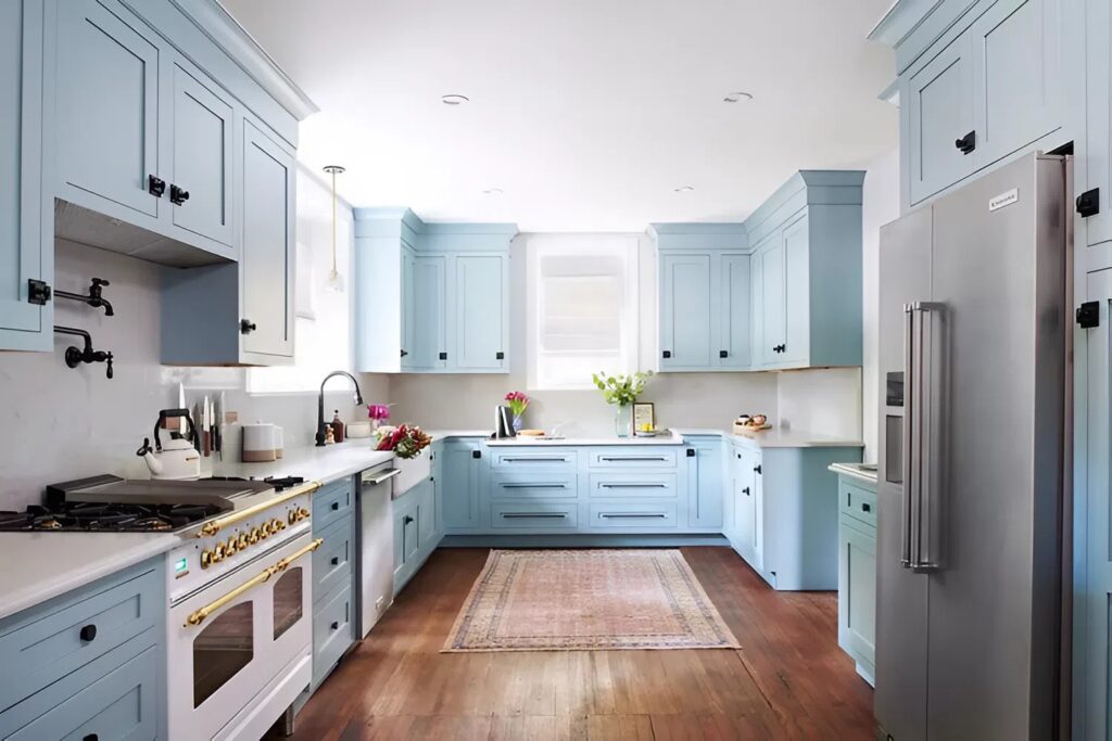 Light blue kitchen cabinets with a smooth satin finish painted by a house painter in Los Osos, CA Light blue kitchen cabinets with a smooth satin finish painted by a house painter in Los Osos, CA
