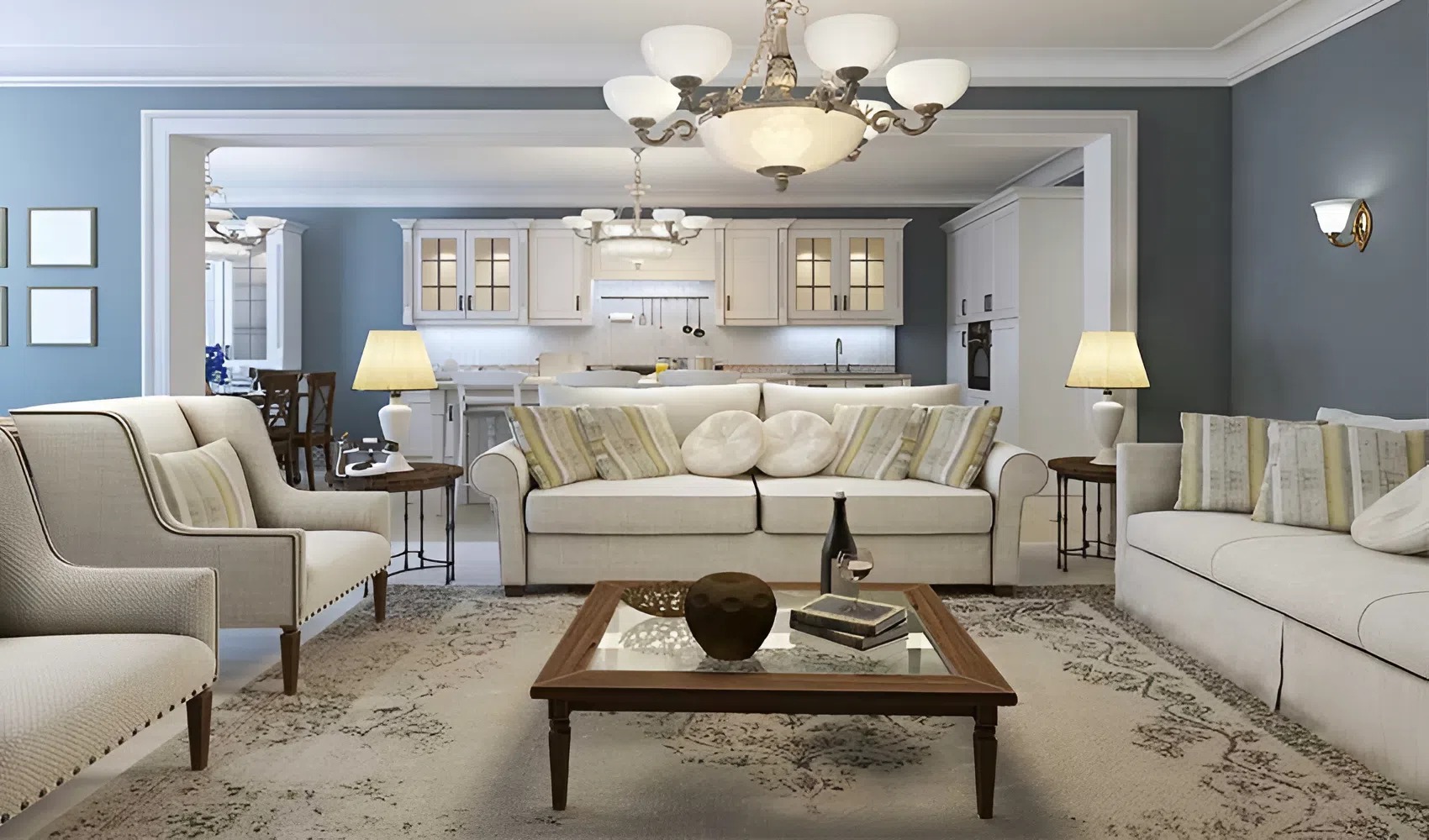 Fresh interior wall paint in a neutral blue-gray living room by a painting company in Creston, CA
