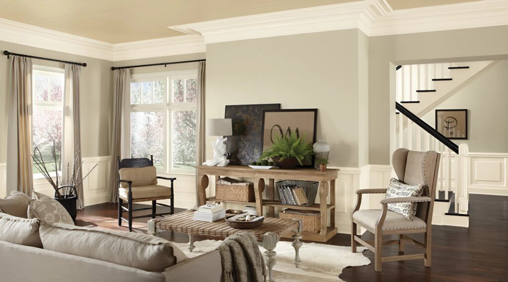 Fresh neutral interior wall paint with smooth finish and bright white trim by a painting company in Creston, CA