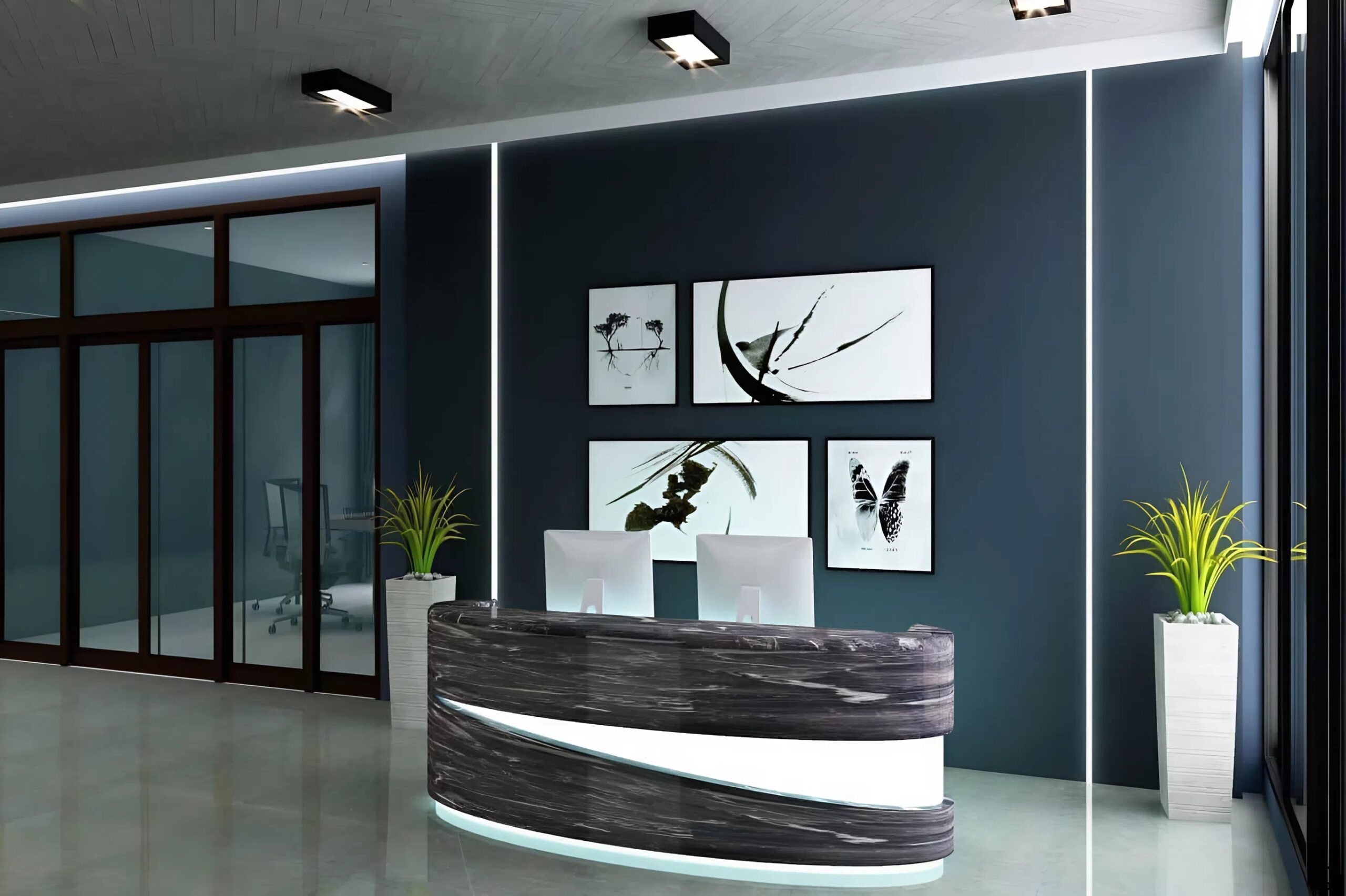 Office reception with dark blue accent walls and smooth matte finish by a painter in Lake Nacimiento, CA