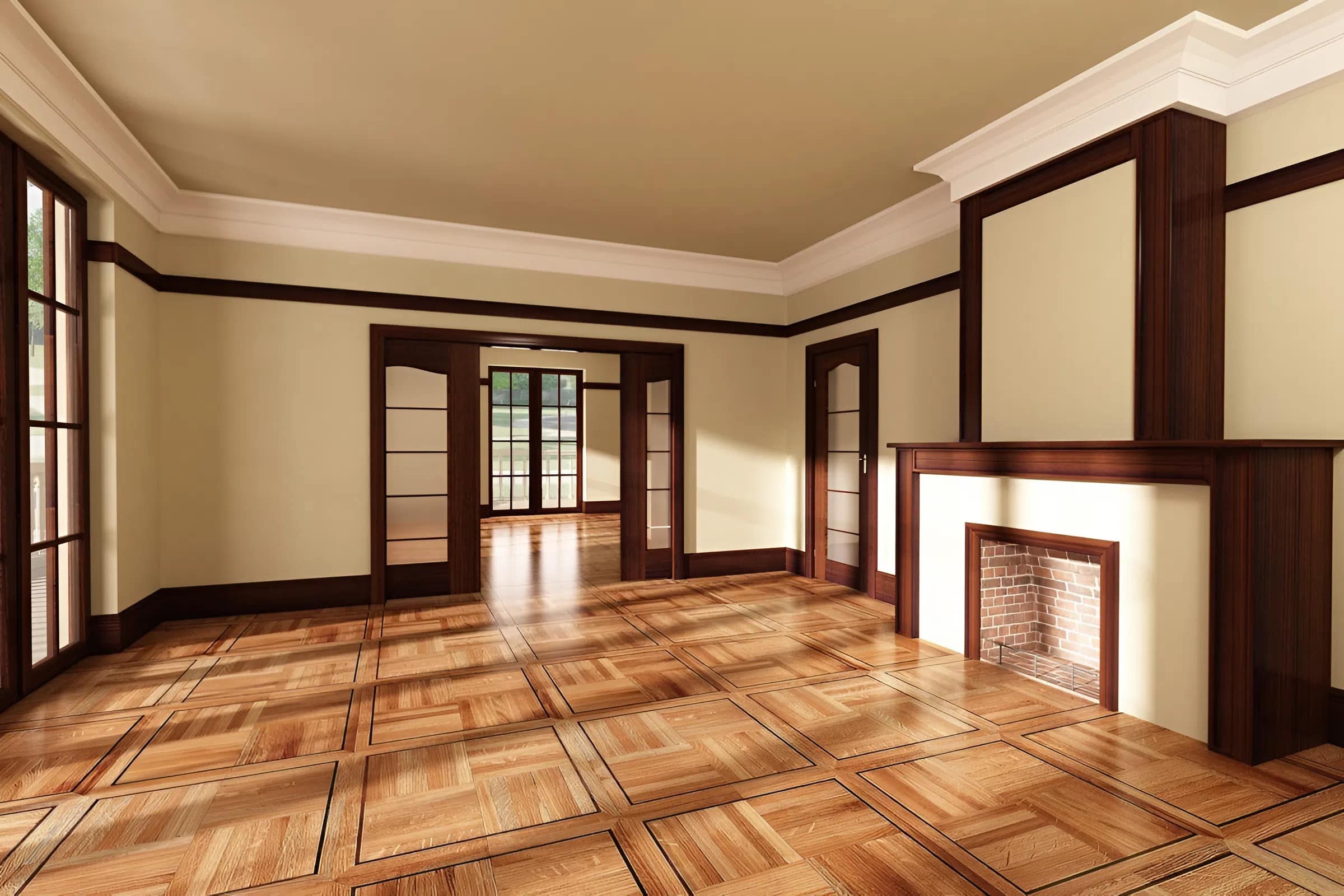 Interior living space with rich wood flooring, trim, and fireplace detailing finished by a house painter in Lake Nacimiento, CA