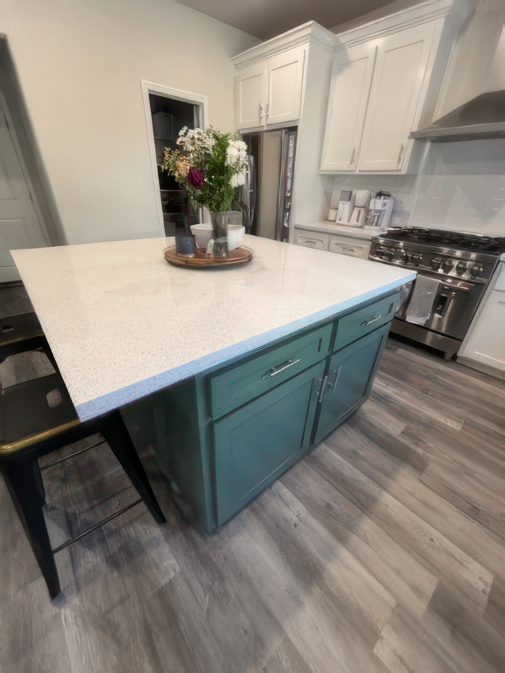 White kitchen cabinets and green island White kitchen cabinets and green island