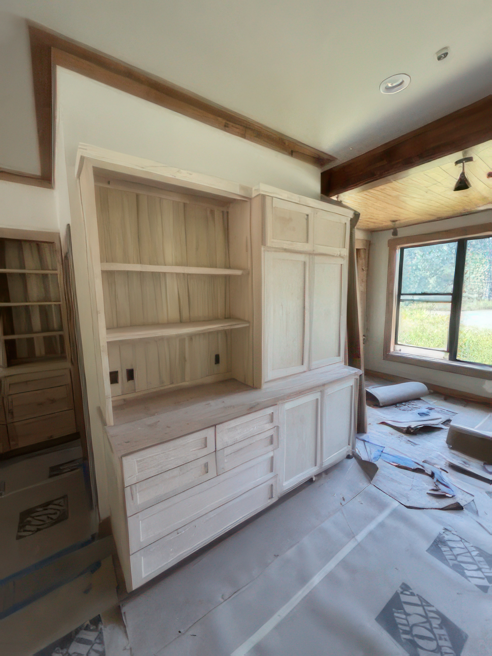 White and stained wood built-in shelving painting project White stained wood built-ins