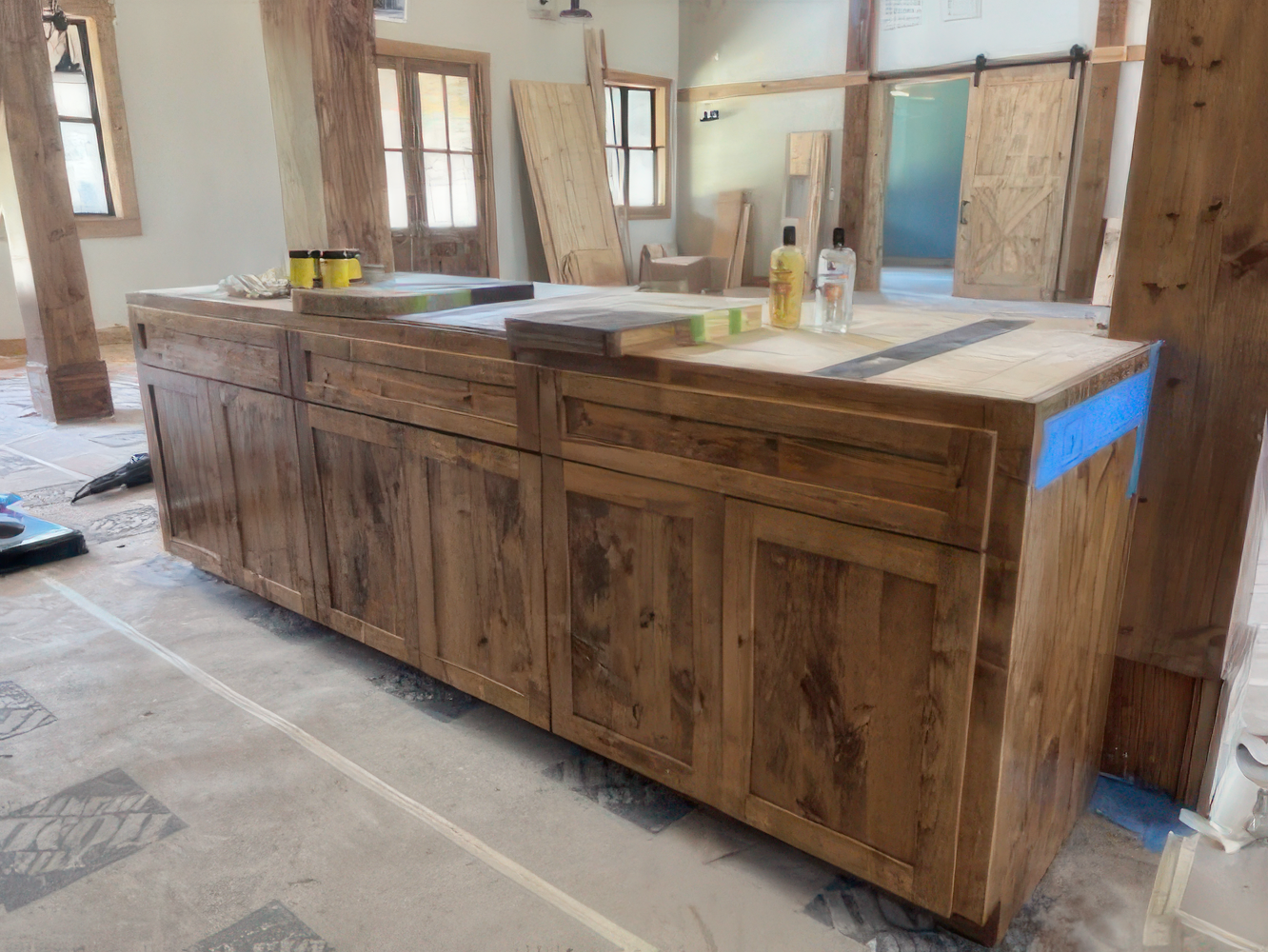 Stained wood island countertop refinishing close-up Stained wood island countertop